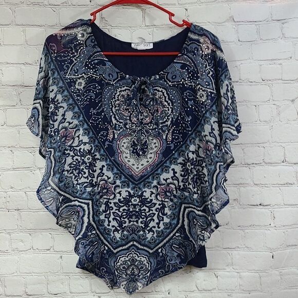 Dressbarn Westport Sparkly Blue Batwing Sleeveless Top Flowy Blouse Layered Work - Picture 10 of 10